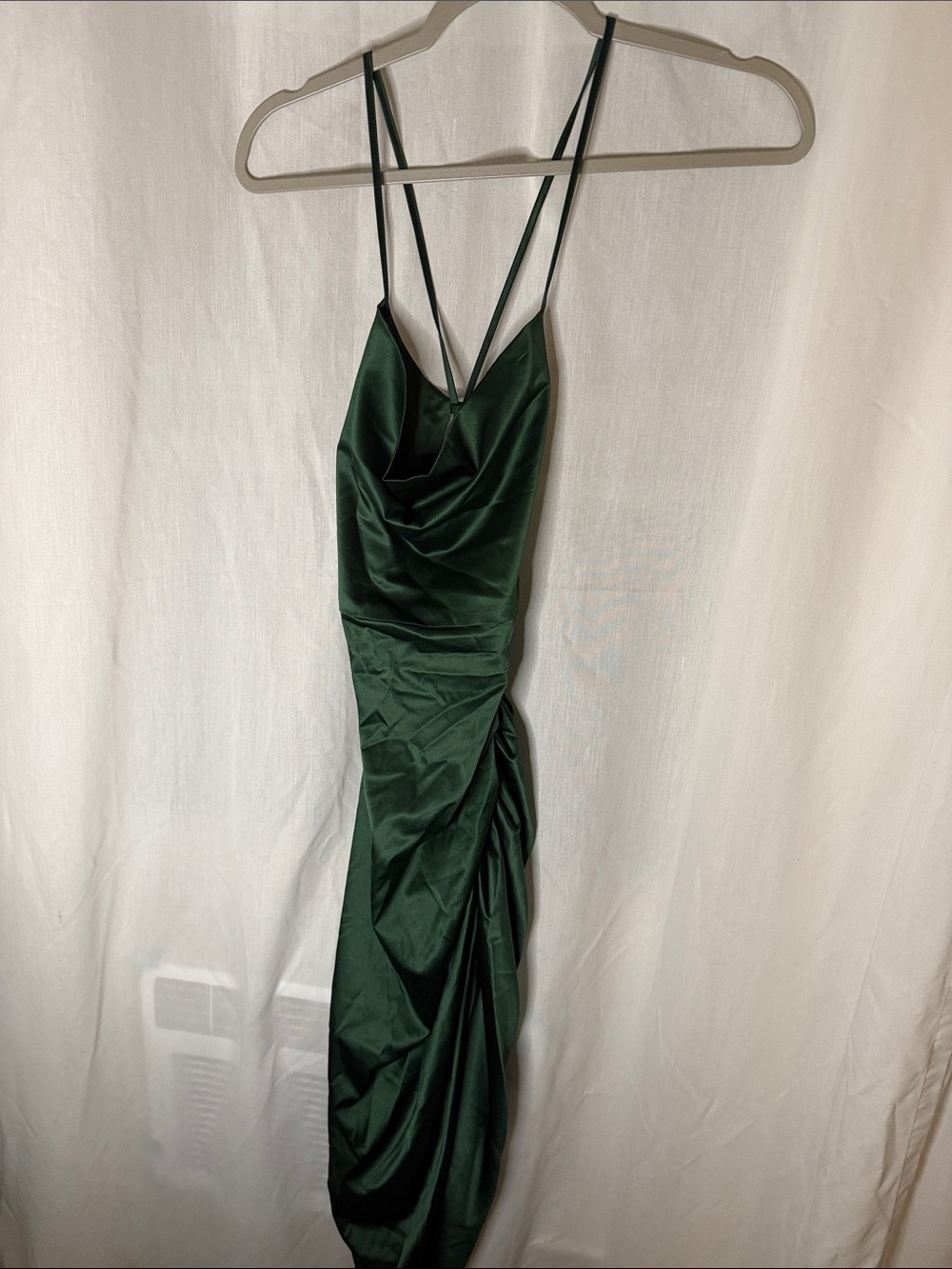 Elegant Forest Criss Cross Satin Slip Dress with Draped Neck